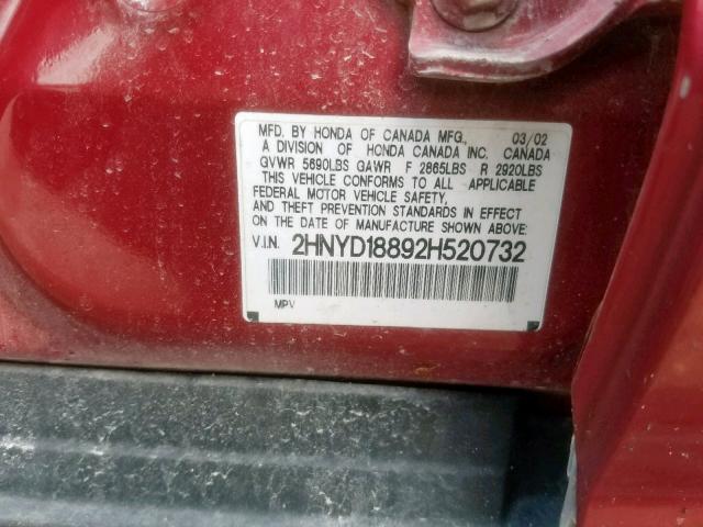 2HNYD18892H520732 - 2002 ACURA MDX TOURIN RED photo 10