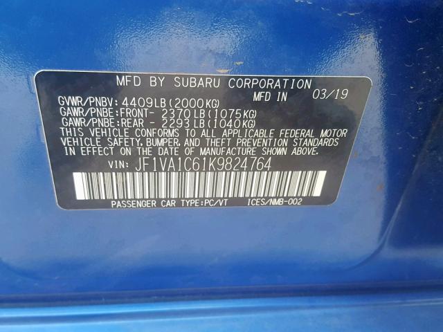 JF1VA1C61K9824764 - 2019 SUBARU WRX PREMIU BLUE photo 10