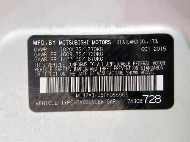 ML32A3HJ6FH056963 - 2015 MITSUBISHI MIRAGE DE WHITE photo 10