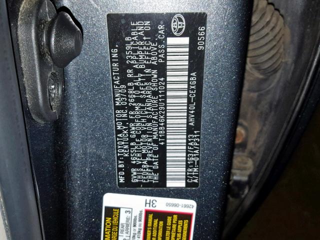 4T1BB46K29U111024 - 2009 TOYOTA CAMRY HYBR GRAY photo 10