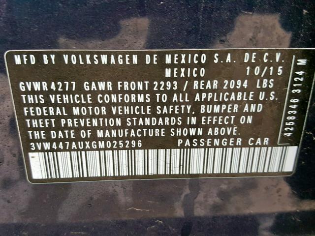 3VW447AUXGM025296 - 2016 VOLKSWAGEN GTI S/SE BLUE photo 10