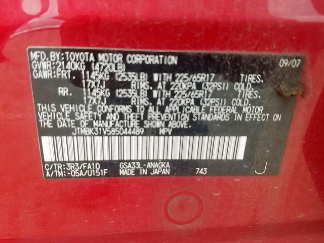 JTMBK31V585044489 - 2008 TOYOTA RAV4 LIMIT RED photo 10