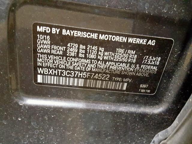 WBXHT3C37H5F74522 - 2017 BMW X1 XDRIVE2 GRAY photo 10
