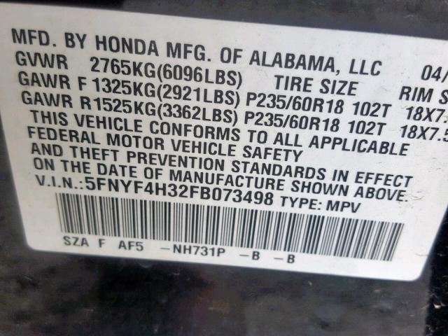 5FNYF4H32FB073498 - 2015 HONDA PILOT SE BLACK photo 10