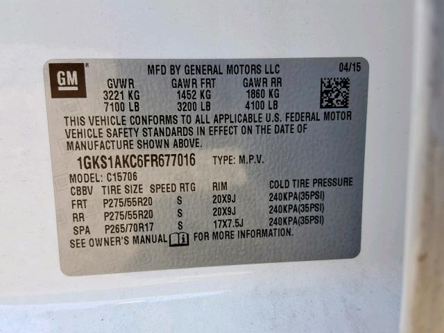 1GKS1AKC6FR677016 - 2015 GMC YUKON SLE WHITE photo 10