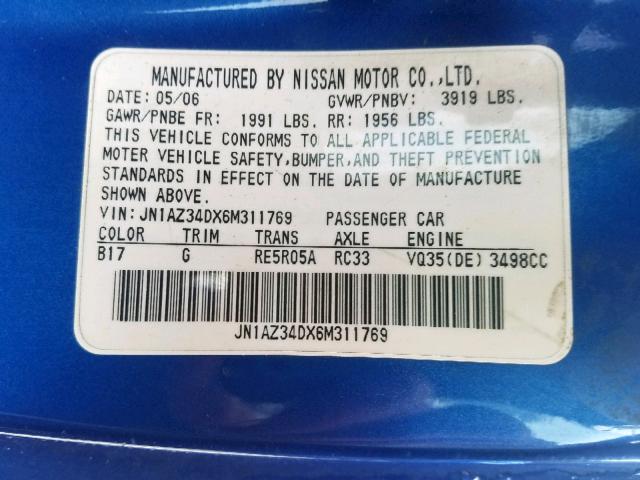 JN1AZ34DX6M311769 - 2006 NISSAN 350Z COUPE BLUE photo 10