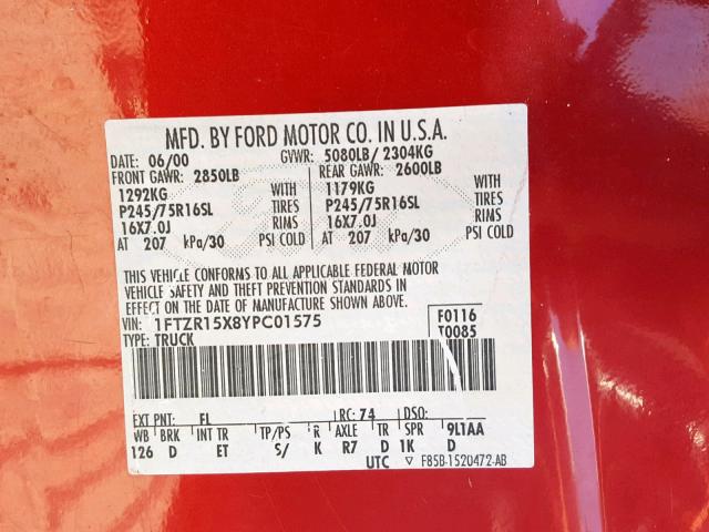 1FTZR15X8YPC01575 - 2000 FORD RANGER SUP RED photo 10