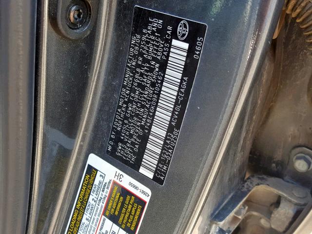 4T4BE46K09R105462 - 2009 TOYOTA CAMRY BASE GRAY photo 10
