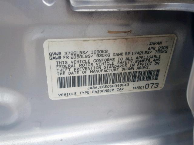 JA3AJ26E06U048243 - 2006 MITSUBISHI LANCER ES SILVER photo 10