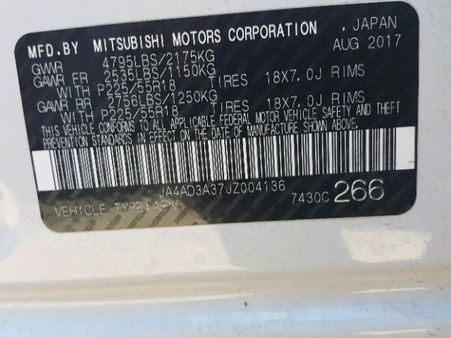 JA4AD3A37JZ004136 - 2018 MITSUBISHI OUTLANDER WHITE photo 10