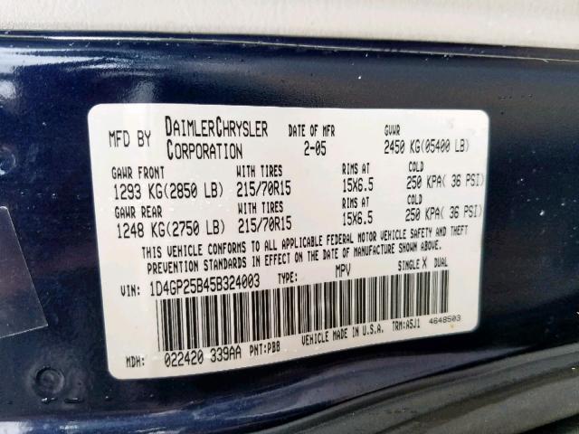 1D4GP25B45B324003 - 2005 DODGE CARAVAN SE BLUE photo 10