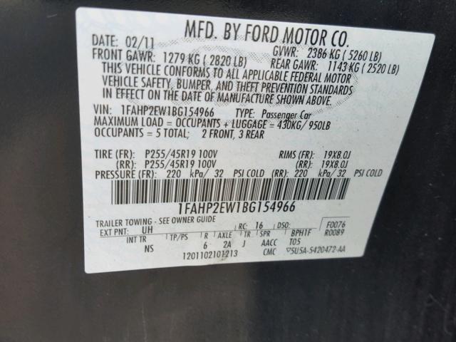 1FAHP2EW1BG154966 - 2011 FORD TAURUS SEL BLACK photo 10