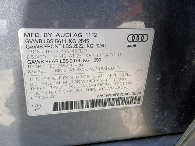 WA1WGAFP8DA042698 - 2013 AUDI Q5 PRESTIG GRAY photo 10