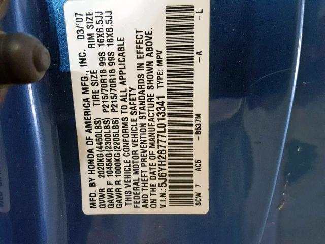 5J6YH28777L013341 - 2007 HONDA ELEMENT EX BLUE photo 10