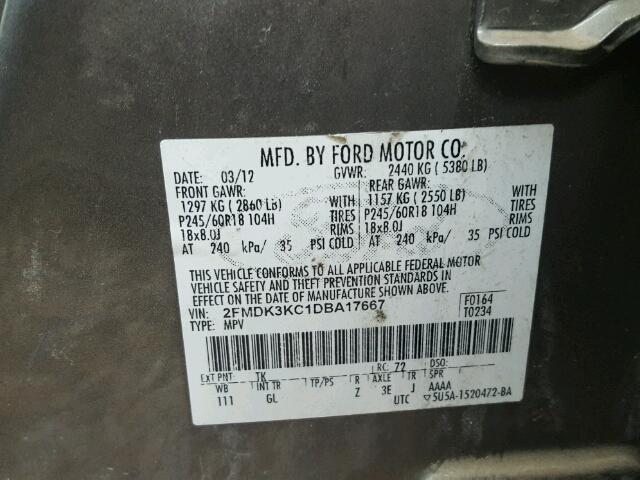 2FMDK3KC1DBA17667 - 2013 FORD EDGE LIMIT GRAY photo 10