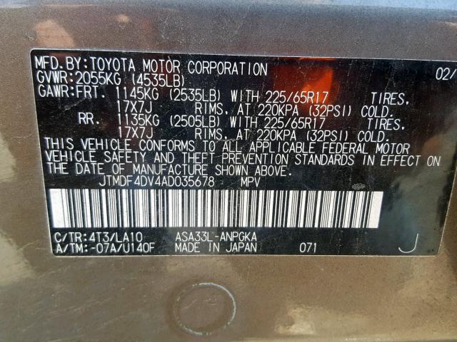 JTMDF4DV4AD035678 - 2010 TOYOTA RAV4 LIMIT GRAY photo 10