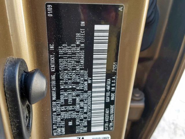 4T3ZK11A59U004309 - 2009 TOYOTA VENZA GOLD photo 10