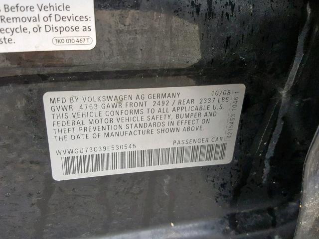 WVWGU73C39E530545 - 2009 VOLKSWAGEN CC VR6 4MO BLACK photo 10