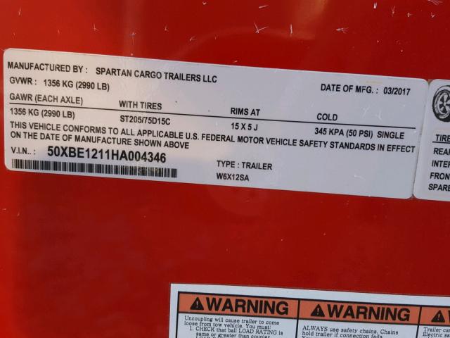 50XBE1211HA004346 - 2017 CARGO TRAILER RED photo 10