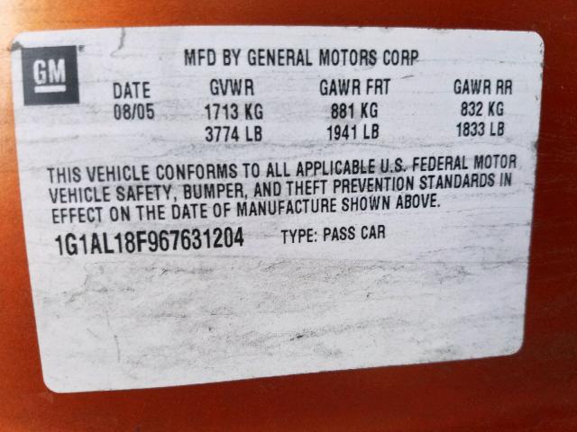 1G1AL18F967631204 - 2006 CHEVROLET COBALT LT ORANGE photo 10