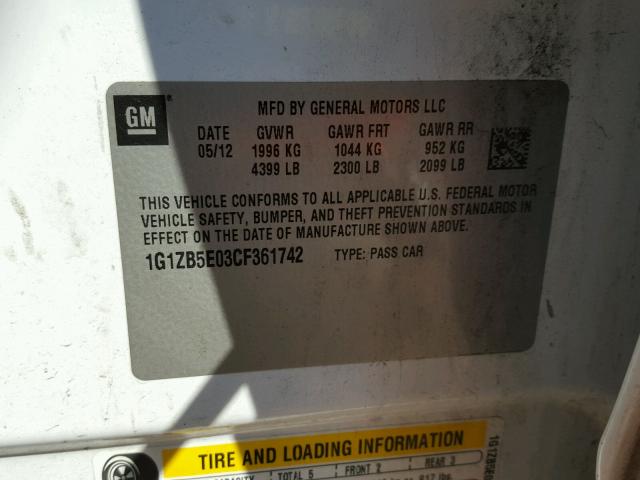 1G1ZB5E03CF361742 - 2012 CHEVROLET MALIBU LS WHITE photo 10