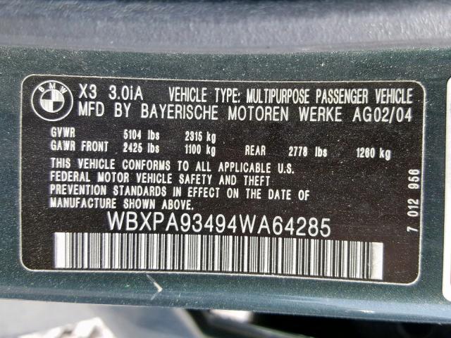 WBXPA93494WA64285 - 2004 BMW X3 3.0I TURQUOISE photo 10