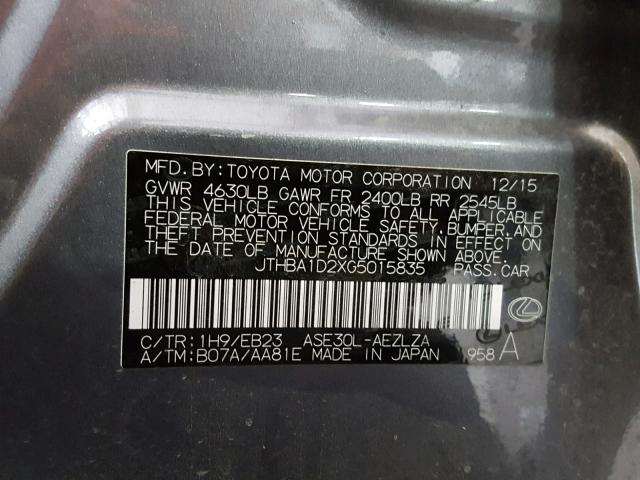 JTHBA1D2XG5015835 - 2016 LEXUS IS 200T GRAY photo 10