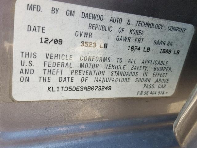 KL1TD5DE3AB073249 - 2010 CHEVROLET AVEO LS GRAY photo 10