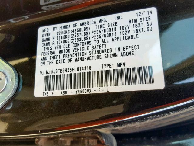 5J8TB3H55FL014316 - 2015 ACURA RDX TECHNO BROWN photo 10