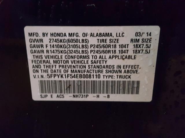 5FPYK1F54EB008110 - 2014 HONDA RIDGELINE BLACK photo 10