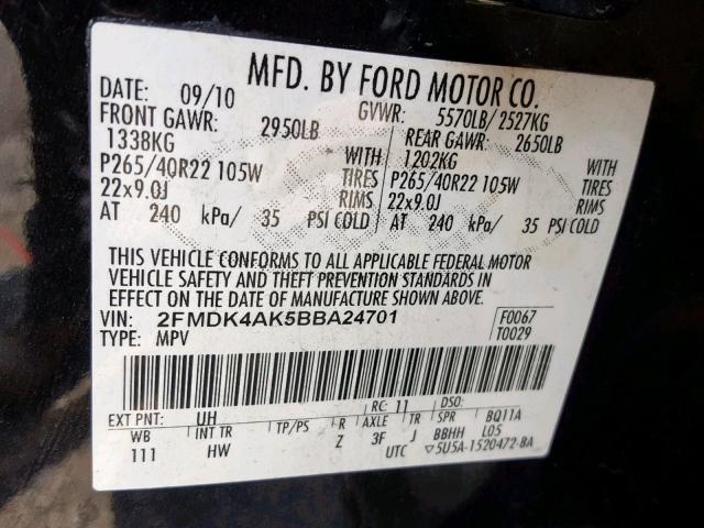 2FMDK4AK5BBA24701 - 2011 FORD EDGE SPORT BLACK photo 10