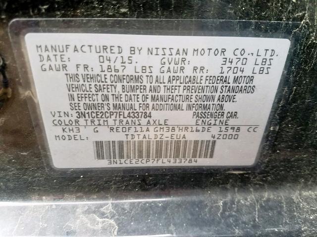 3N1CE2CP7FL433784 - 2015 NISSAN VERSA NOTE BLACK photo 10