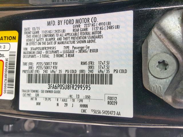 3FA6P0SU8FR299595 - 2015 FORD FUSION TIT BLACK photo 10