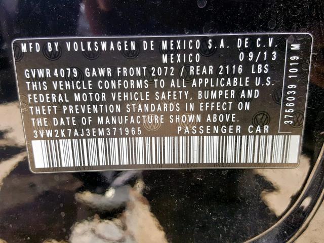 3VW2K7AJ3EM371965 - 2014 VOLKSWAGEN JETTA BASE 黑色 照片 10