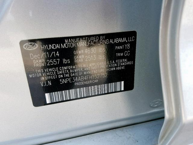 5NPE34AB4FH152752 - 2015 HYUNDAI SONATA SPO SILVER photo 10