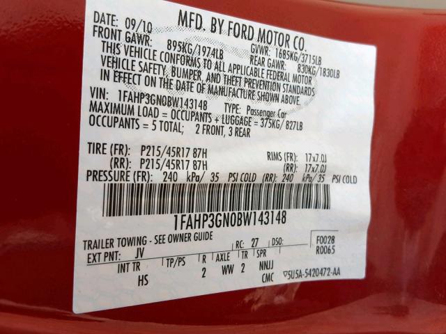 1FAHP3GN0BW143148 - 2011 FORD FOCUS SES RED photo 10