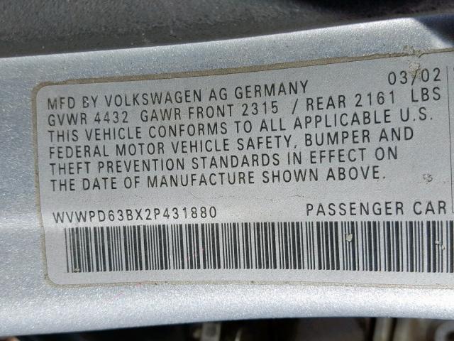 WVWPD63BX2P431880 - 2002 VOLKSWAGEN PASSAT GLS SILVER photo 10