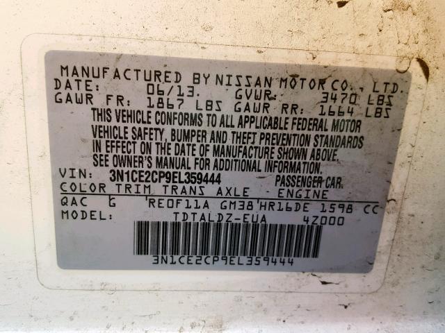 3N1CE2CP9EL359444 - 2014 NISSAN VERSA NOTE WHITE photo 10