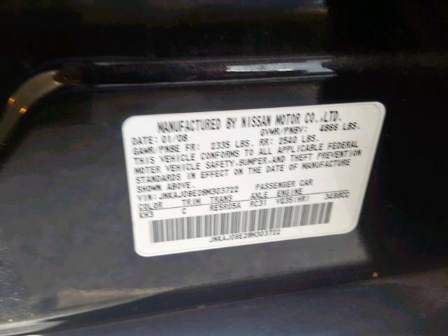 JNKAJ09E28M303722 - 2008 INFINITI EX35 BASE BLACK photo 10