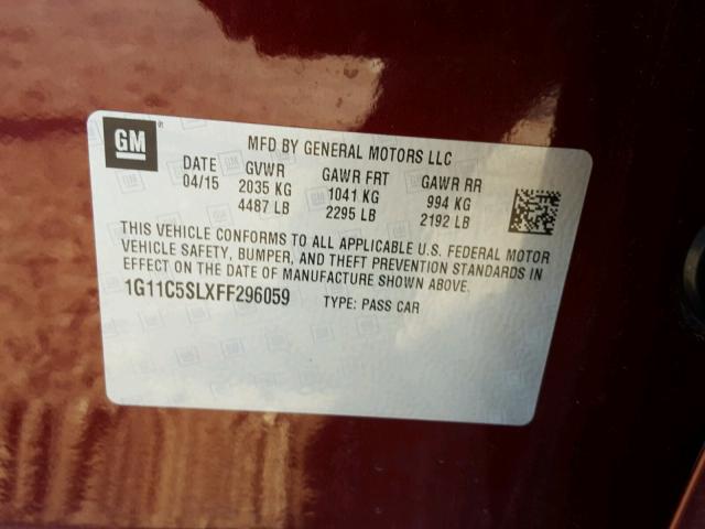 1G11C5SLXFF296059 - 2015 CHEVROLET MALIBU 1LT BURGUNDY photo 10