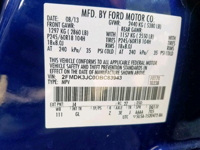 2FMDK3JC0DBC83943 - 2013 FORD EDGE SEL BLUE photo 10