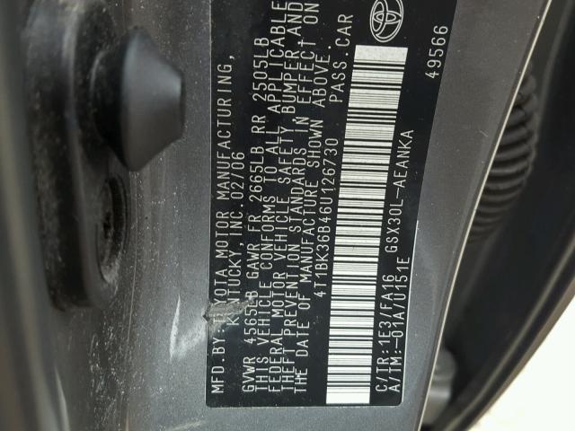 4T1BK36B46U126730 - 2006 TOYOTA AVALON GRAY photo 10