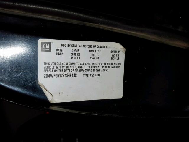 2G4WF551721249132 - 2002 BUICK REGAL GS BLACK photo 10