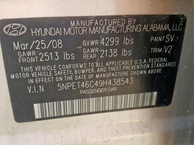 5NPET46C49H438543 - 2009 HYUNDAI SONATA GLS TAN photo 10