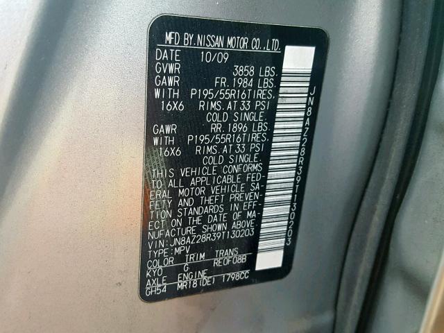 JN8AZ28R39T130203 - 2009 NISSAN CUBE BASE SILVER photo 10