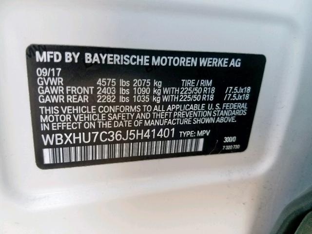WBXHU7C36J5H41401 - 2018 BMW X1 SDRIVE2 WHITE photo 10