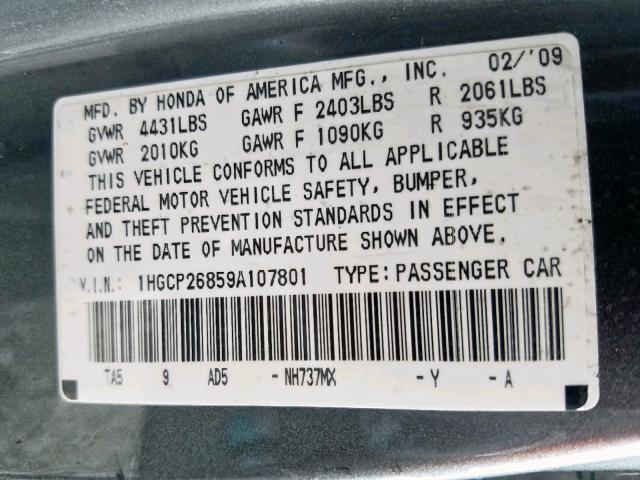 1HGCP26859A107801 - 2009 HONDA ACCORD EXL GRAY photo 10