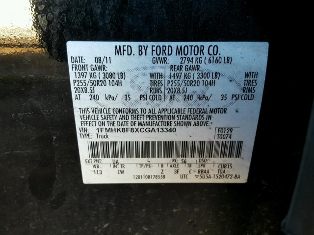 1FMHK8F8XCGA13340 - 2012 FORD EXPLORER L BLACK photo 10