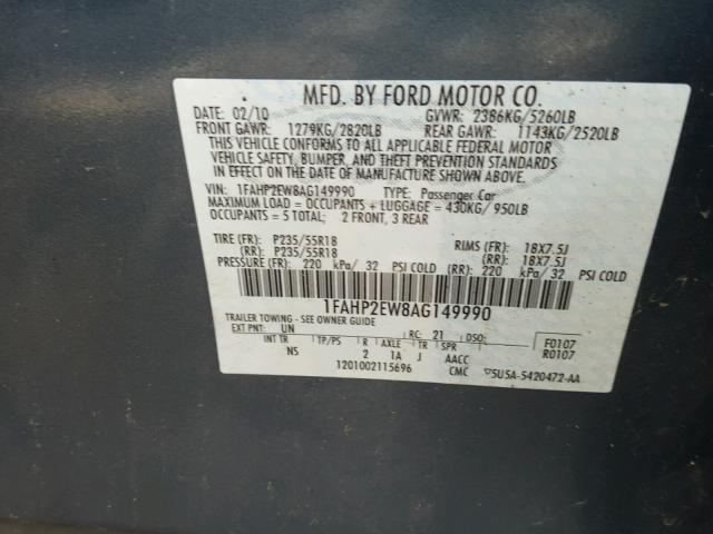 1FAHP2EW8AG149990 - 2010 FORD TAURUS SEL BLUE photo 10