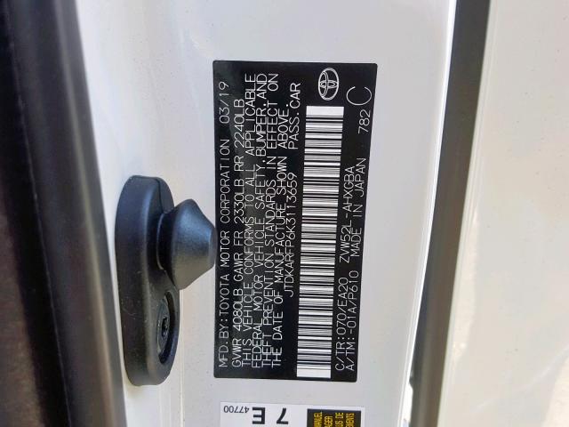 JTDKARFP6K3113659 - 2019 TOYOTA PRIUS PRIM 白色 照片 10